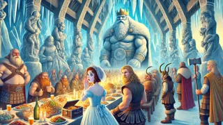 Thor disfrazado en el banquete nupcial de Thrym con Mjölnir presentado