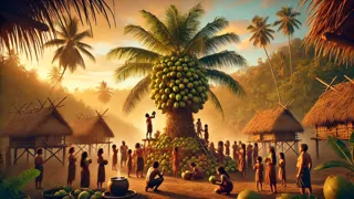 Altísimo cocotero cargado de fruta madura que domina un pueblo samoano