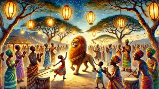 Una novia bailando alegremente junto a un majestuoso león bajo la luz de las linternas.