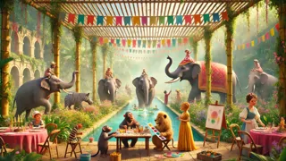 Elefantes, monos y animales preparan pabellones y decoraciones en los jardines de Celesteville.