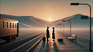 Las vías del tren que se extienden hacia el horizonte polvoriento mientras la pareja conversa junto a la plataforma