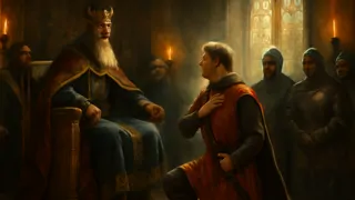Guillermo arrodillado ante Carlomagno en un gran salón medieval mientras los nobles observan.