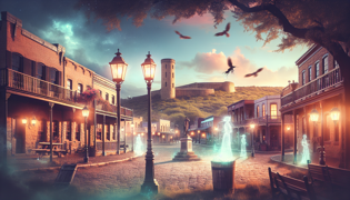 Plaza pintoresca del pueblo de Willow Creek, con senderos de adoquines y farolas vintage.