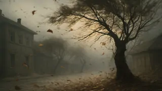 Una rama de arce desgastada por la tormenta de viento, con las hojas girando a su alrededor.