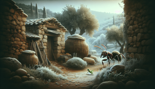 Ancient Greek village in early winter with a secure ant and a regretful grasshopper.