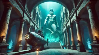 Submarino Leviathan frente a una estatua gigante de tritón tallada e iluminada por bioluminiscencia en una cámara sumergida.