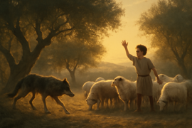Wolf attacking sheep near shepherd boy