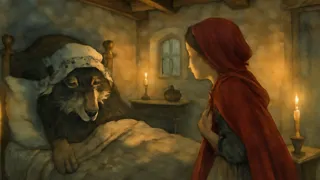 Lobo disfrazado de abuela en la cabaña tenuemente iluminada junto a la chimenea