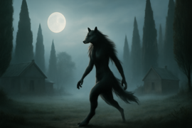 Ghostly figure of a wolf-like woman emerging from swamp by moonlight