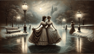 Retrato vintage de dos hermanas victorianas junto a un estanque congelado en Central Park.