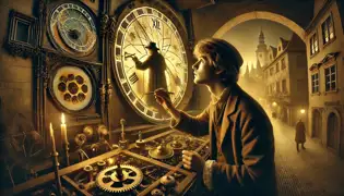 Un joven aprendiz de relojero trabaja en el Orloj, ajeno a la presencia del fantasma de Horacio, apenas visible entre los engranajes.