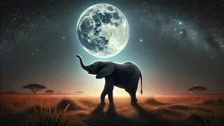 Elephant calf raising trunk under moonlight in savannah
