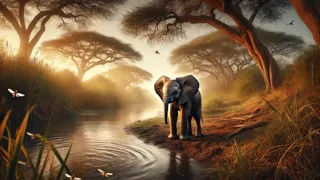 Elephant calf standing at a shaded riverbank edged by acacia trees