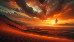 Dunkle Silhouette einer hoch aufragenden Gestalt vor einem Wüstensonnenuntergang