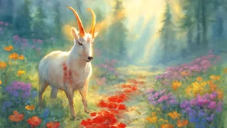Zlatorog wounded in the magical garden with crimson flowers blooming.
