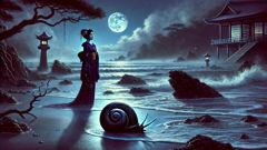 Die Legende von Sazae-oni (Turban-Schnecken-Yōkai) A moonlit shore where the Sazae-oni first appears as a beautiful woman before revealing her turban snail nature.