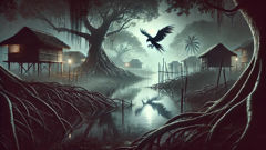 A lone silhouette of a vampiric bird skimming low above the mangrove roots under a moonless sky, its wings casting long, ragged shadows.