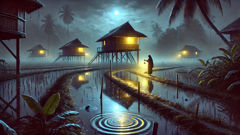 La leyenda del Santelmo (Fuego de San Telmo) A lone Santelmo hovers over a wet rice path, its blue-gold glow reflected in shallow water as village huts stand silent.