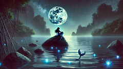 El mito de la sirena y del Siyokoy (seres marinos filipinos) A moonlit moment on a Philippine shore: the Sirena sings atop a rock as the Siyokoy watches from the luminous water below.