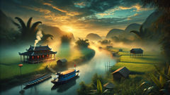La leyenda de los cuatro animales de buen augurio. A riverside village at first light, where mist and incense hold stories of the Dragon, Phoenix, Qilin, and Tortoise.