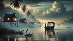 A phosphorescent dusk on the Mekong: the twelve sisters adrift in a basket while palm trees bow in the wind—an atmospheric scene from the Kounlok legend.
