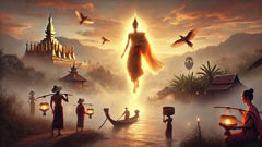 An imagined vision of Khun Borom descending to the Mekong, heralded by birds and the glow of dawn.