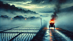 A flaming cart wheel bearing a human face glides down a fogged country lane, its heat painting the air silver.