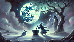 La historia del hombre en la luna (relato del compañero del Conejo de Jade) A moonlit panorama: the Jade Rabbit pounding elixir beside the figure of the woodcutter, their silhouettes soft against the moon's surface.
