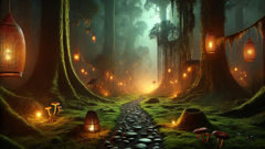 A moonlit clearing reveals the entrance to an Orang Bunian village, where woven lights hang like fireflies.