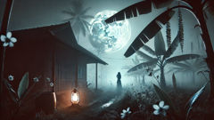 A moonlit coconut grove where the Kuntilanak is said to wander, fragrant with jasmine and wet earth.