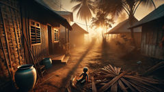 A toyol's small shadow at dusk among kampung huts—an image of mischief and melancholy.