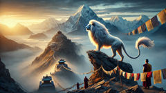 Der Mythos des Schneelöwen A Snow Lion silhouetted at dawn, mane ignited by sunrise over the high snowfields.