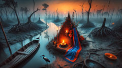 The Myth of the Bon Bibi A dusk scene of the Sundarbans: an ember-sky, a lone mud shrine to Bon Bibi framed by tidal roots and a distant, watchful silhouette.