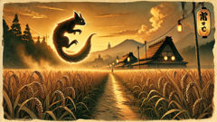 Die Geschichte des Kamaitachi (Wiesel-Yōkai). An illustrative depiction of a kamaitachi— a weasel yokai riding the rim of a dust devil across a rice-field path at golden hour.