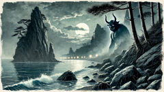 Die Geschichte des Ushi-oni (Ochsen-Dämon) A moonlit cove in western Japan where the Ushi-oni is said to emerge from the tide.