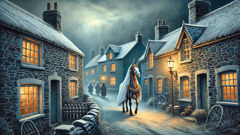 The Tale of the Mari Lwyd (Welsh Christmas Tradition) A Mari Lwyd paused in a frost-tinged lane outside a village home, ribbons and bells catching lantern light.