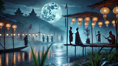 Khamba and Thoibi meet beneath the moon at Moirang’s riverside stage, the beginning of a legend woven into the land.