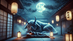 O mito do Baku (devorador de sonhos) Baku banhado pela lua escuta no limiar do sono, um guardião composto entre o mundo e o sonho.