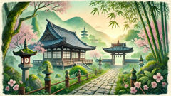 Morin-ji Temple on a misty spring morning, with cherry blossoms in full bloom.