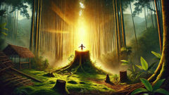 Mwindo emerges glowing from a bamboo stalk, surrounded by the lush rainforest of ancient Congo.