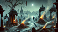 Die Geschichte vom Pishacha. A moonlit cremation ground where smoke and embers conspire and the Pishacha waits in the margins between flames and shadow.