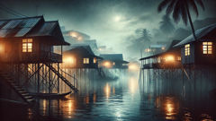 A moonlit silhouette of the Penanggalan drifting above an old Malay village, its entrails trailing like a grotesque halo.