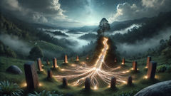 The divine ladder descends into a mist-swathed glade, connecting sky and earth in the earliest days of the Khasi people.