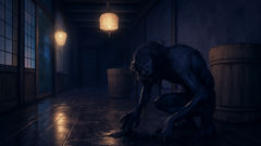 A moonlit Japanese bathhouse where the eerie Akaname yokai is glimpsed, its long tongue gleaming as it approaches a neglected corner.