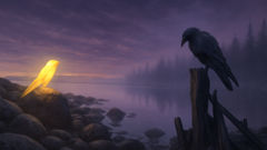 The Myth of the Alkonost and the Sirin A twilight tableau: the Alkonost's golden plumage and the Sirin's shadowed silhouette over the northern shore.