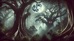 A moonlit Ghanaian forest, where legend says the Asanbosam lurks among the trees.