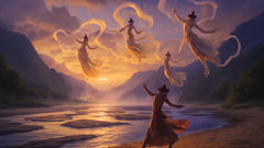 An imagined scene: apsaras—celestial dancers—dancing among river mists beneath swollen monsoon clouds.