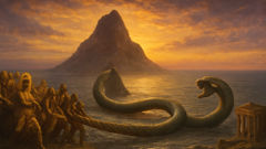 A panoramic view of the devas and asuras pulling Vasuki across the ocean’s milky expanse as Mount Mandara trembles on the surface.