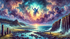 An imagined scene: the Sky King Cheonjiwang descending above Jeju's volcanic ridges as the sea parts to reveal the first island.