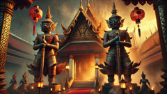 Carved yaksha statues flanking a temple gate, guardians of treasures and thresholds.
